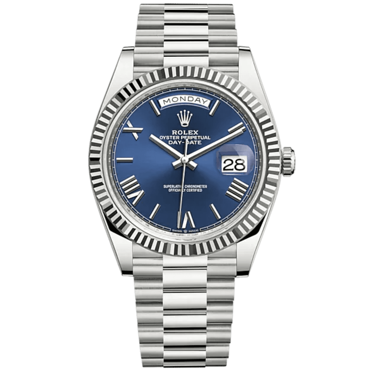 Day-Date 40 · Or blanc, cadran bleu